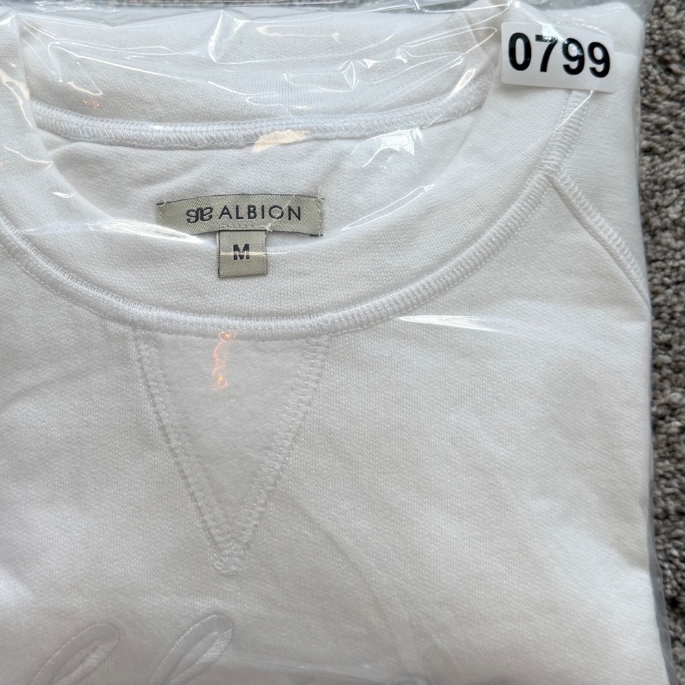 Albion Fit Women White Script Logo Crewneck Sweatshirt Size M Cotton Fleece EUC - Picture 7 of 7